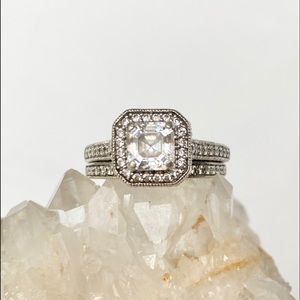 Halo filigree engagement ring set cz & sterling silver sz 7 euro shank/band